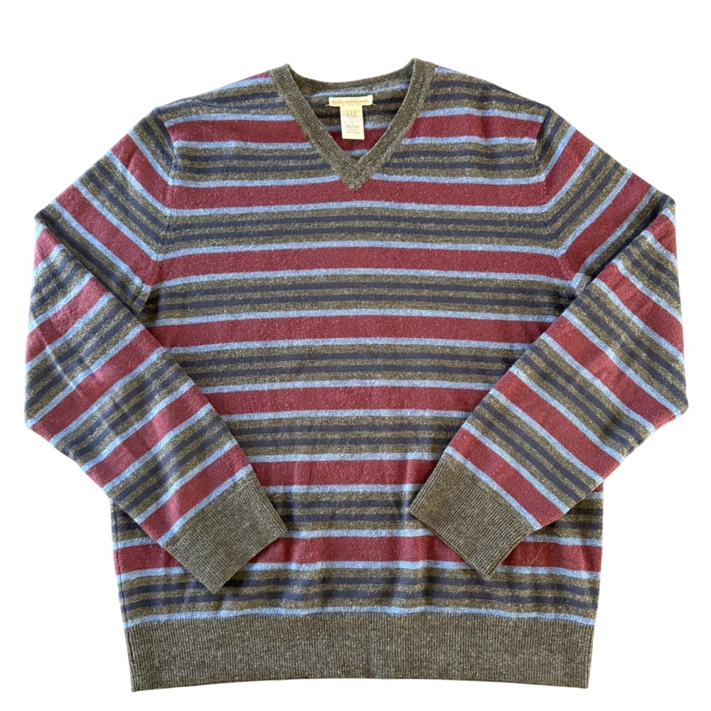 Gap Sweater Mens Size L Multicolor Striped Italian Merino Wool V-Neck Pullover
